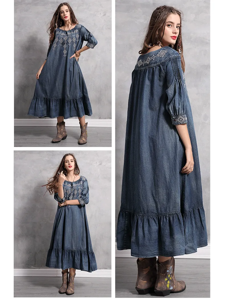 A-line Vintage Embroidery Loose Denim Dress