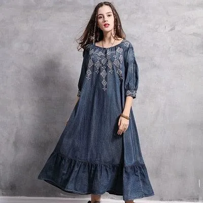 A-line Vintage Embroidery Loose Denim Dress