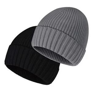 accsa 2 Pack Winter Knit Beanie Hat for Men Women Winter Stretchy Hats for Women Soft Warm Unisex Cuffed Beanie Black and Grey