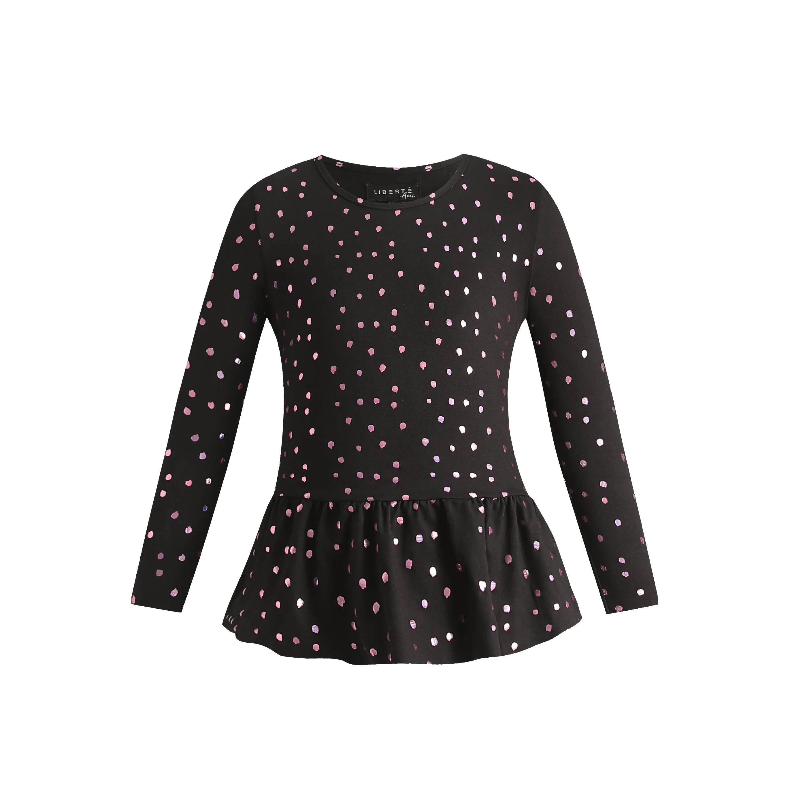 ALMA-LS-FRILL-TSHIRT (KIDS) - BLACK PINK HOLOGRAPHIC DOT