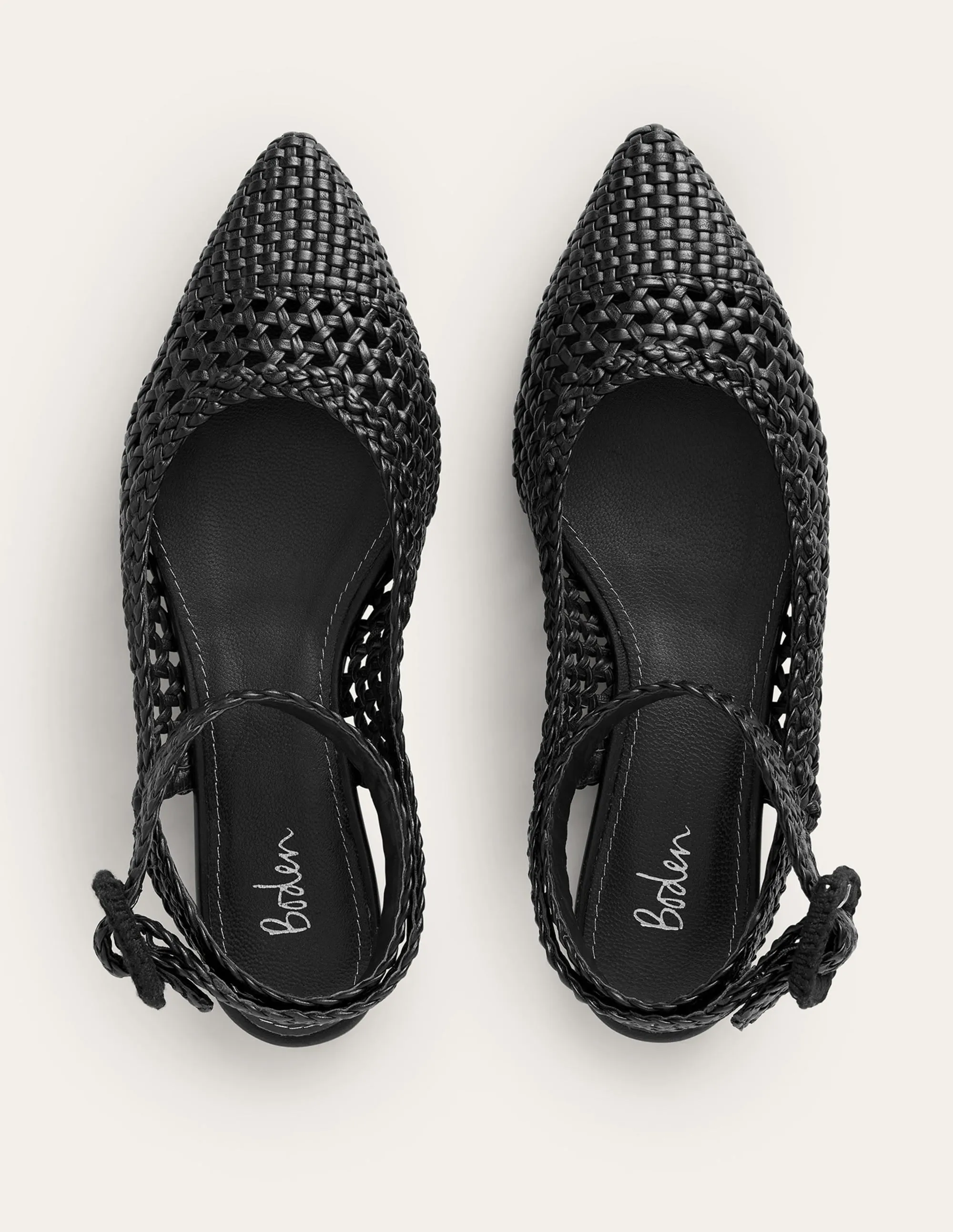 Ankle Strap Pointed Flats-Black Woven Leather