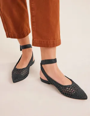 Ankle Strap Pointed Flats-Black Woven Leather