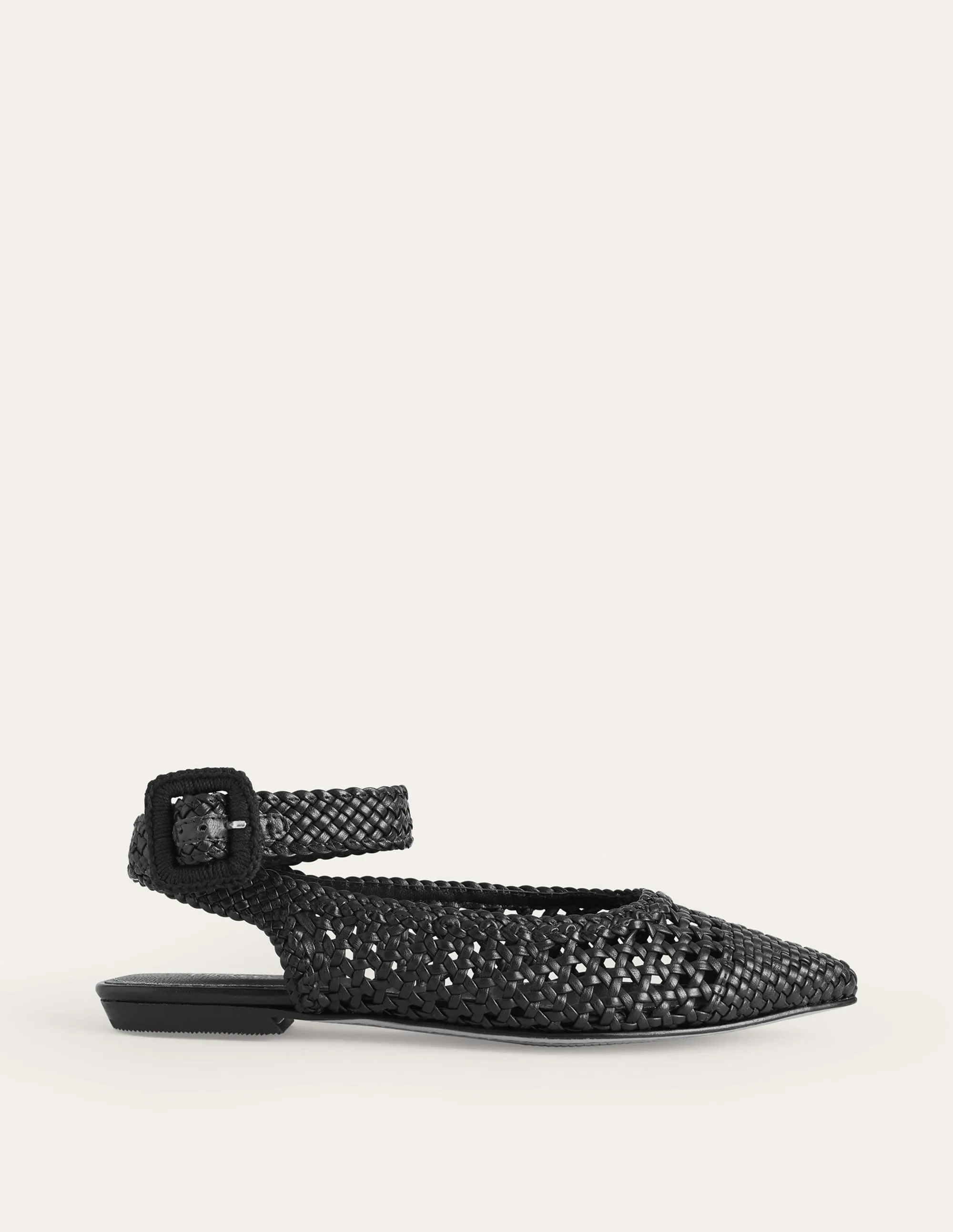 Ankle Strap Pointed Flats-Black Woven Leather