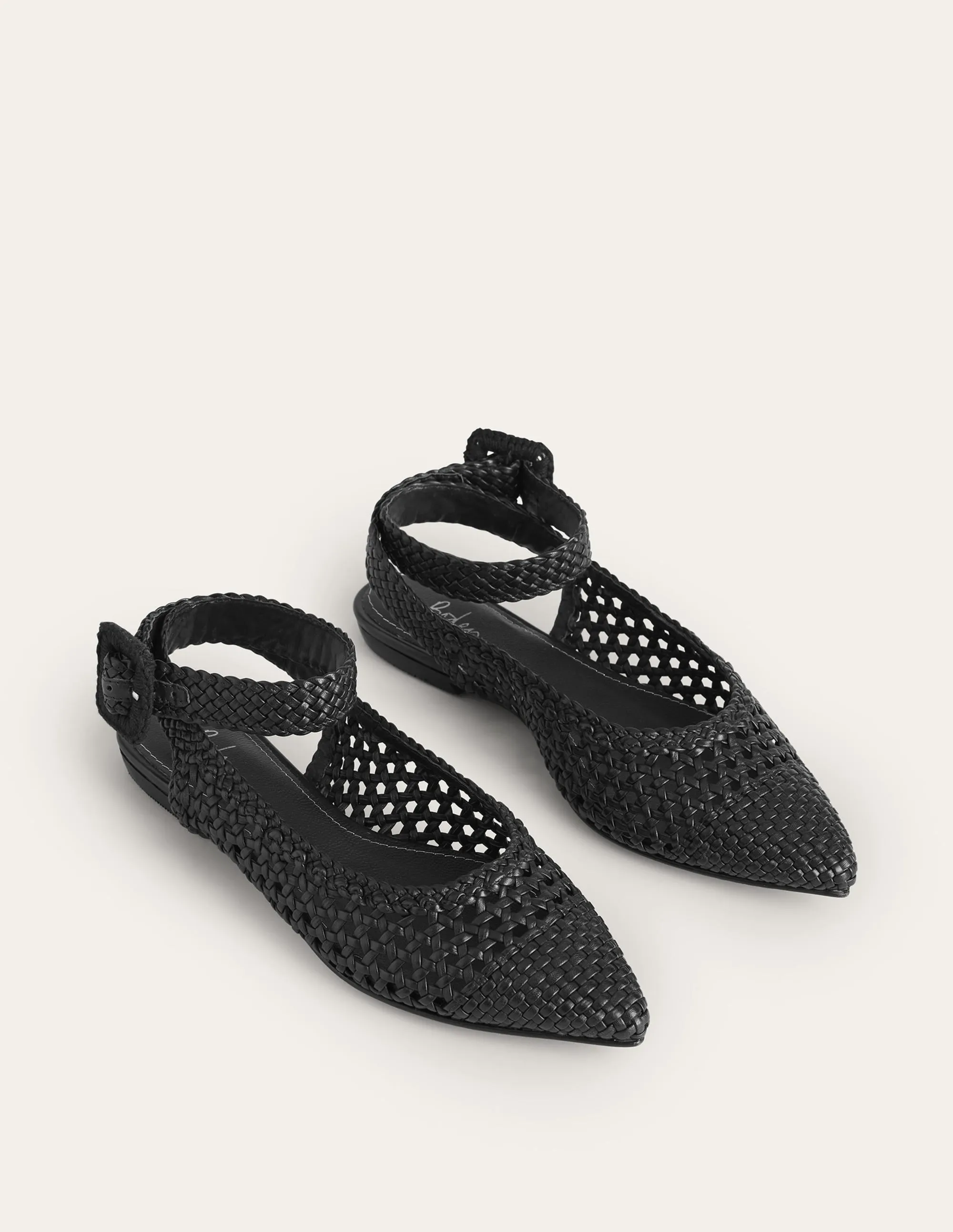 Ankle Strap Pointed Flats-Black Woven Leather