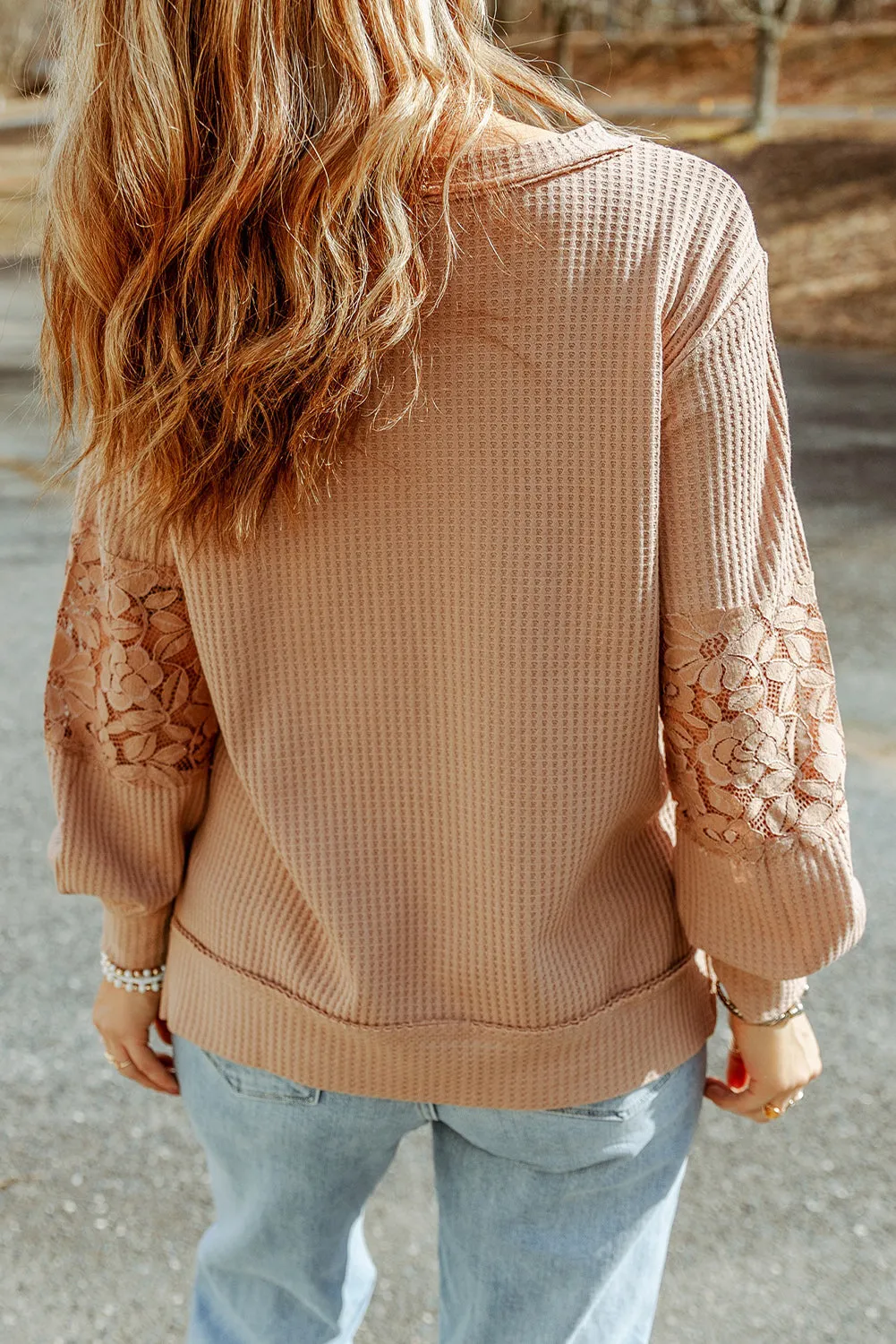 Apricot Lace Waffle Patchwork Strappy V Neck Long Sleeve Top