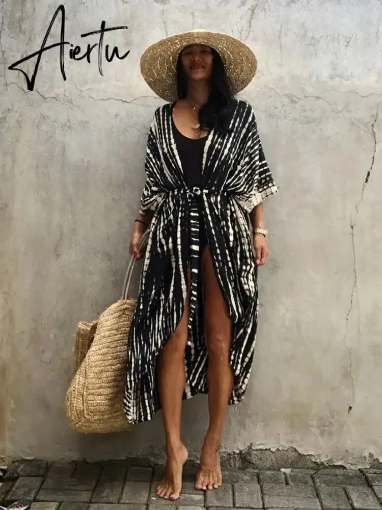 Beach Cover Ups for Swimwear Women Black Tie Dye Kimono Swimsuit Cape Summer Dress Beachwear Outfits Sales