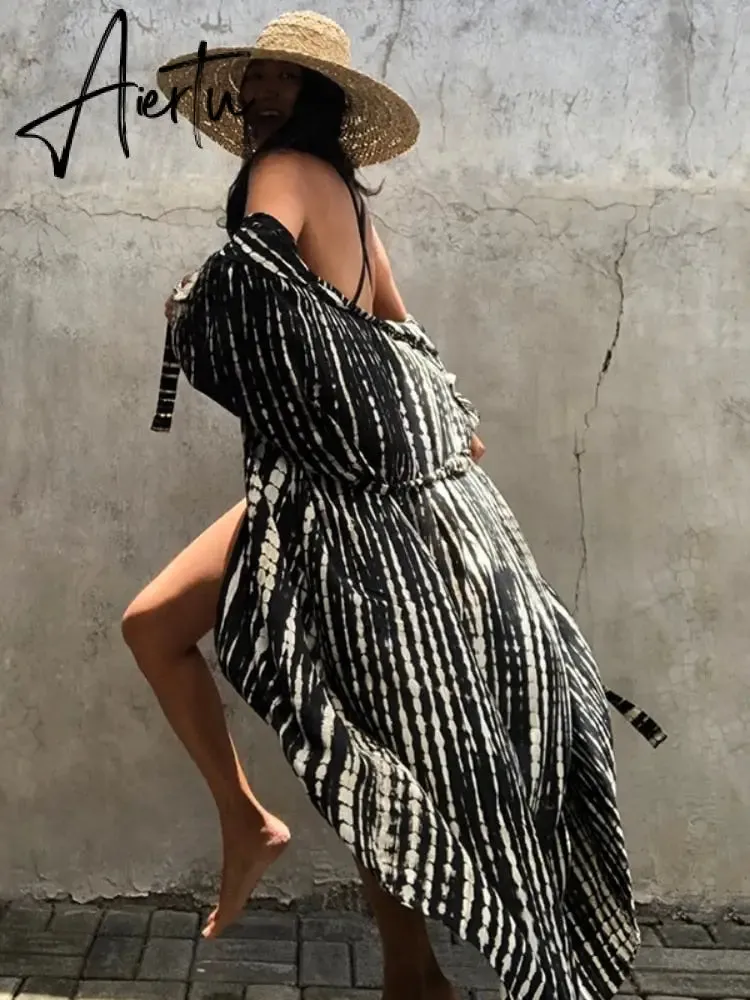 Beach Cover Ups for Swimwear Women Black Tie Dye Kimono Swimsuit Cape Summer Dress Beachwear Outfits Sales