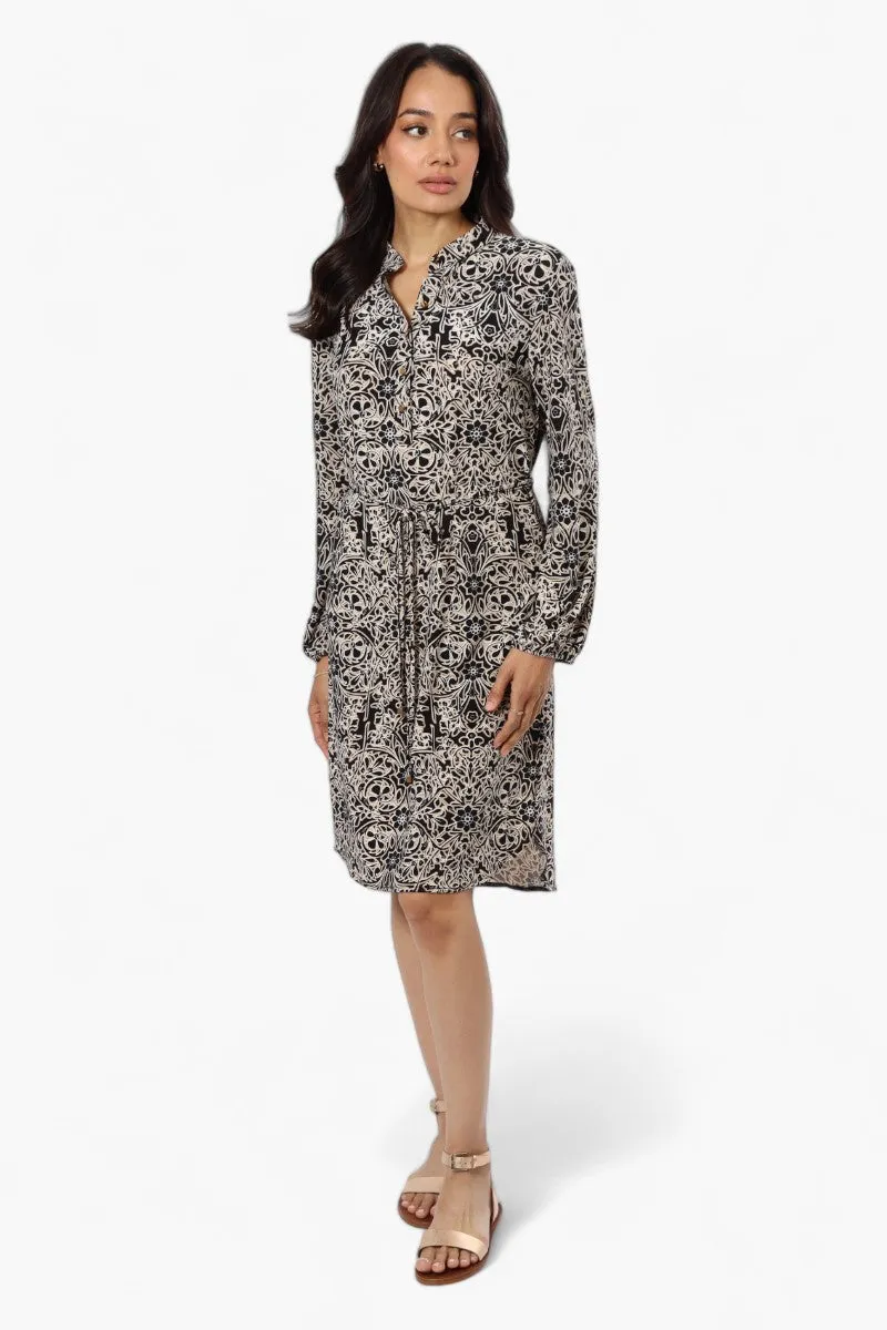 Beechers Brook Patterned Long Sleeve Henley Day Dress - Beige