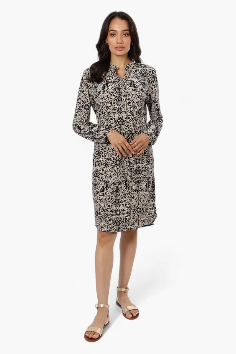 Beechers Brook Patterned Long Sleeve Henley Day Dress - Beige