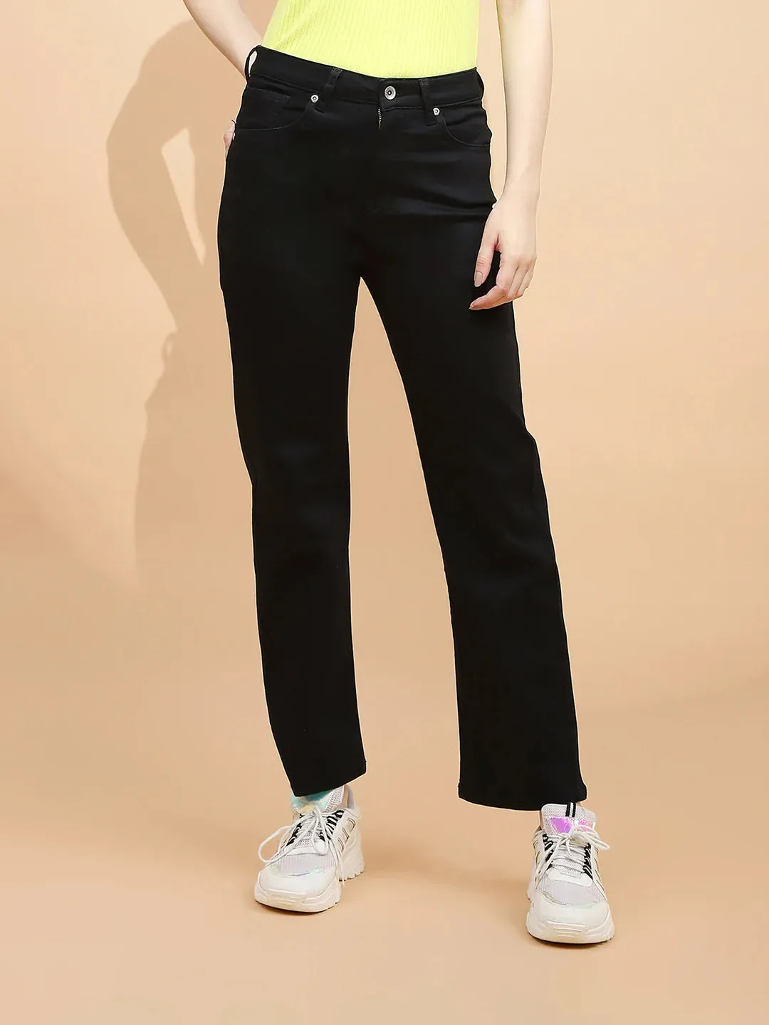 Black Cotton Blend Straight Fit Trouser For Women