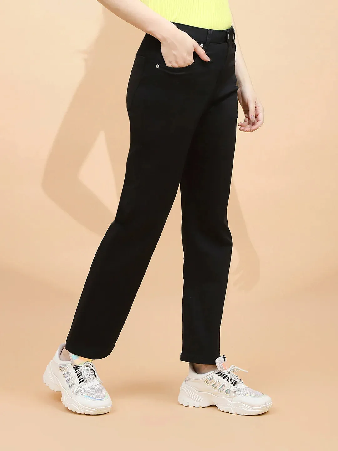 Black Cotton Blend Straight Fit Trouser For Women