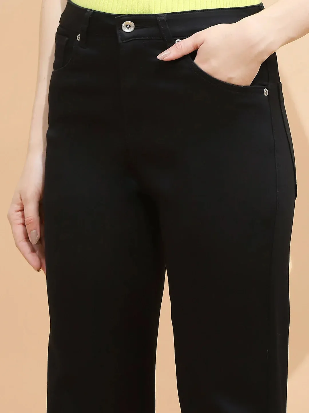 Black Cotton Blend Straight Fit Trouser For Women