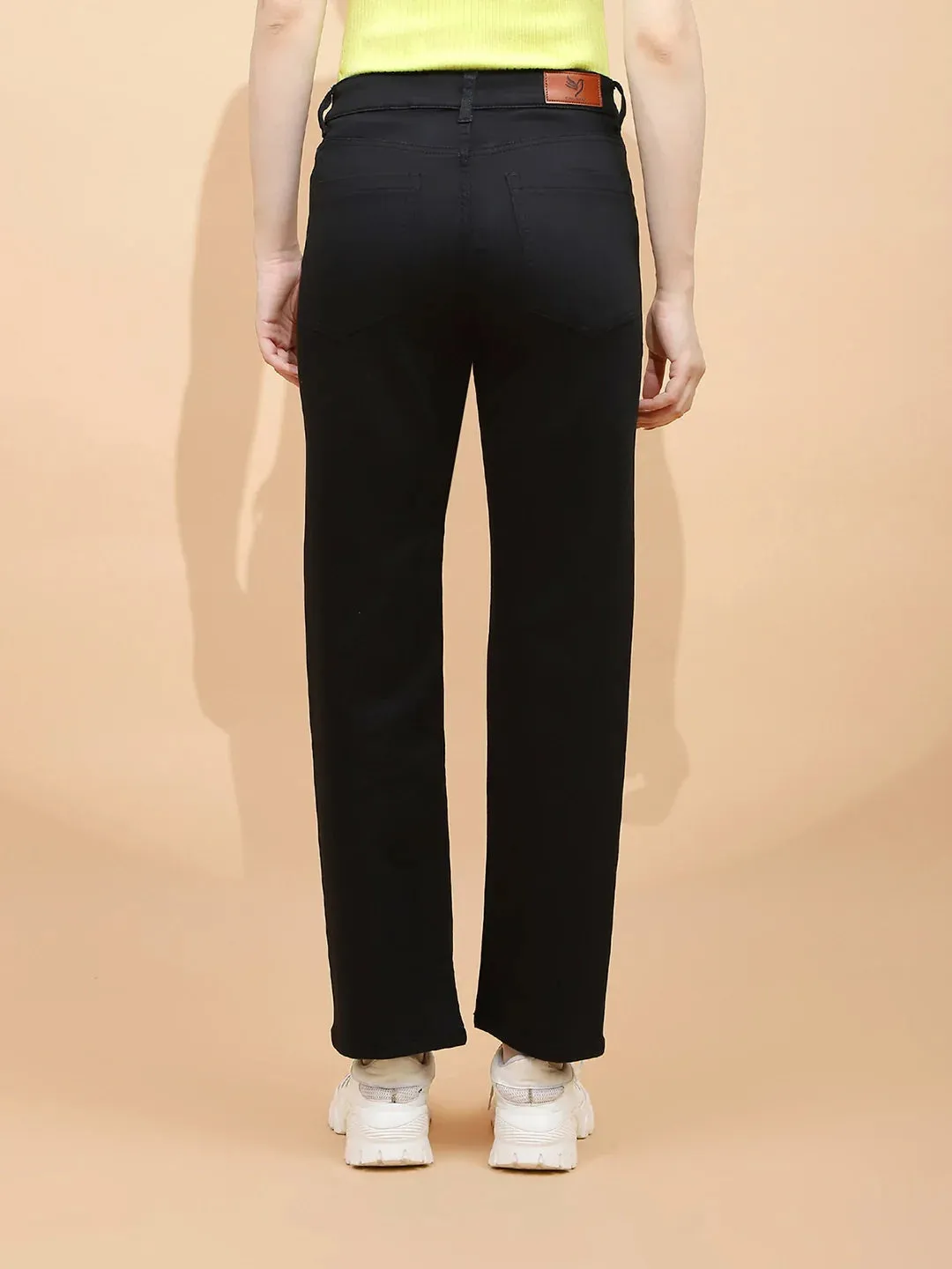 Black Cotton Blend Straight Fit Trouser For Women