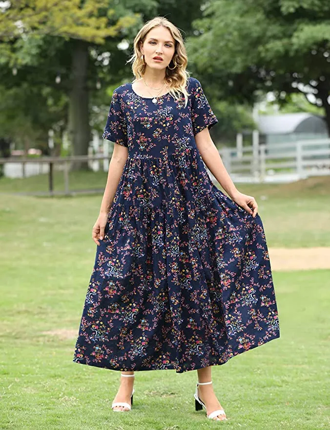 Blue Flower Women Casual Loose Bohemian Floral Dress with Pockets Short Sleeve Long Maxi Summer Beach Swing Dress - Yesno