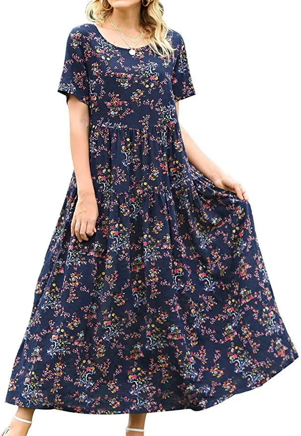 Blue Flower Women Casual Loose Bohemian Floral Dress with Pockets Short Sleeve Long Maxi Summer Beach Swing Dress - Yesno