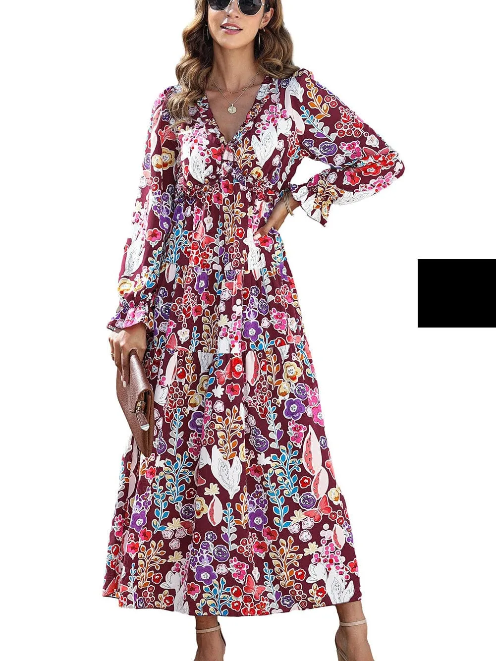 Bohemian Violet Floral Print V-Neck Maxi Dress