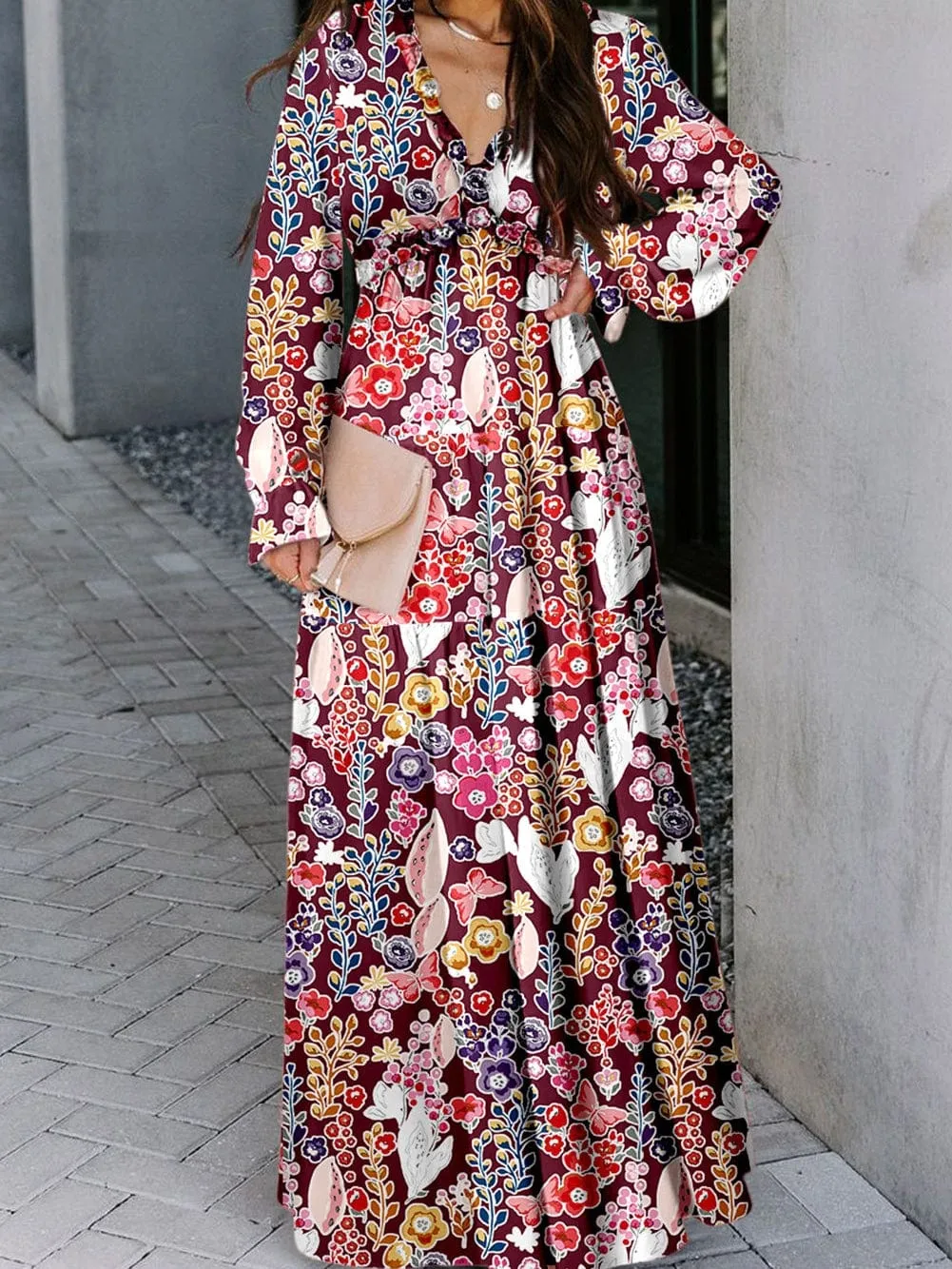 Bohemian Violet Floral Print V-Neck Maxi Dress