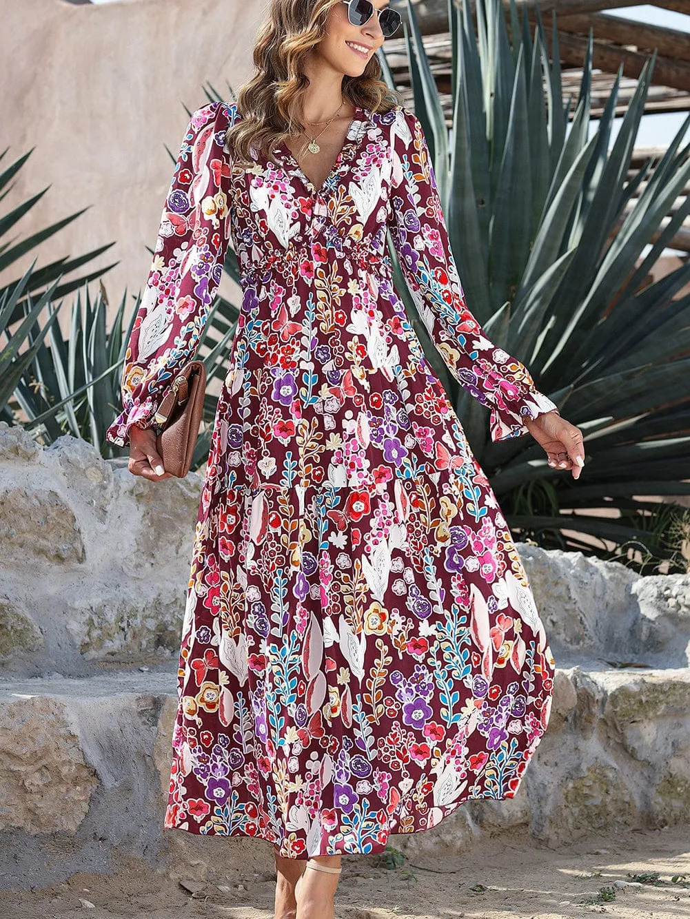 Bohemian Violet Floral Print V-Neck Maxi Dress