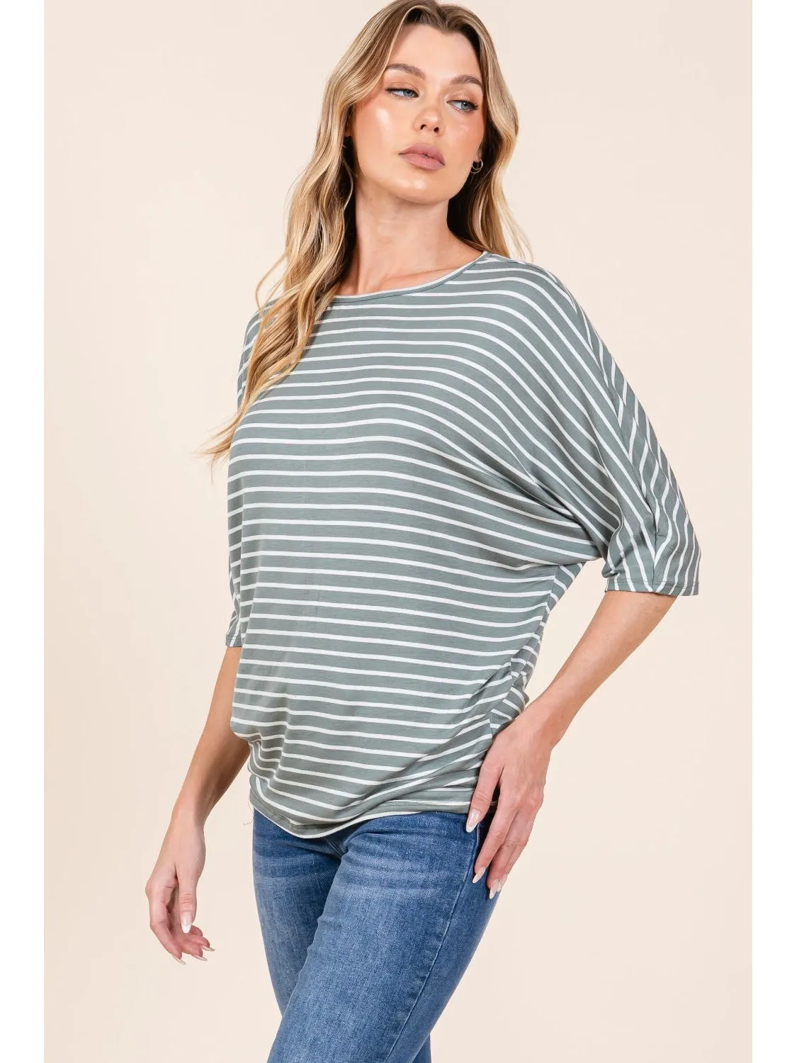 BOMBOM Striped Boat Neck Dolman Sleeve Top