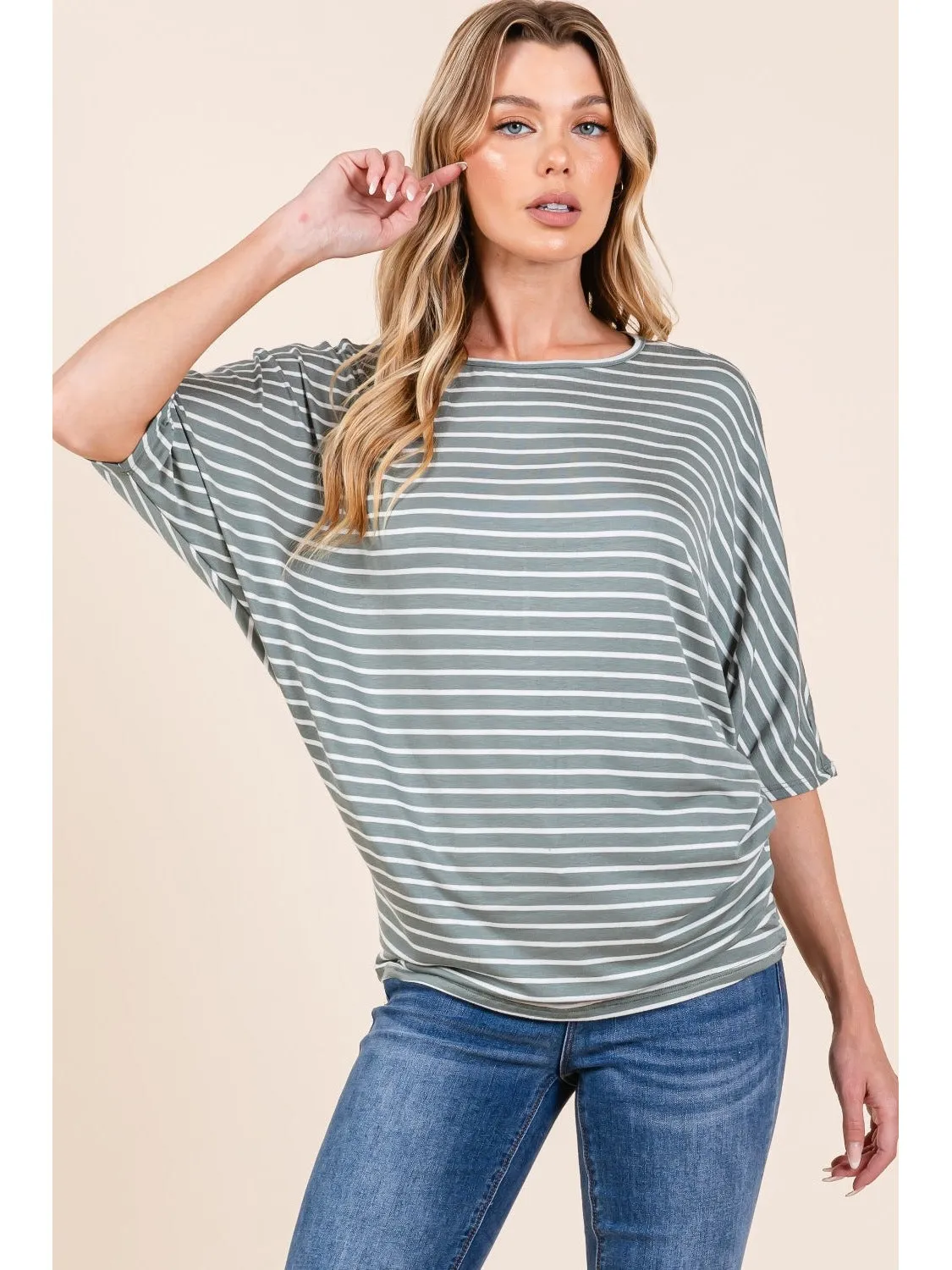 BOMBOM Striped Boat Neck Dolman Sleeve Top