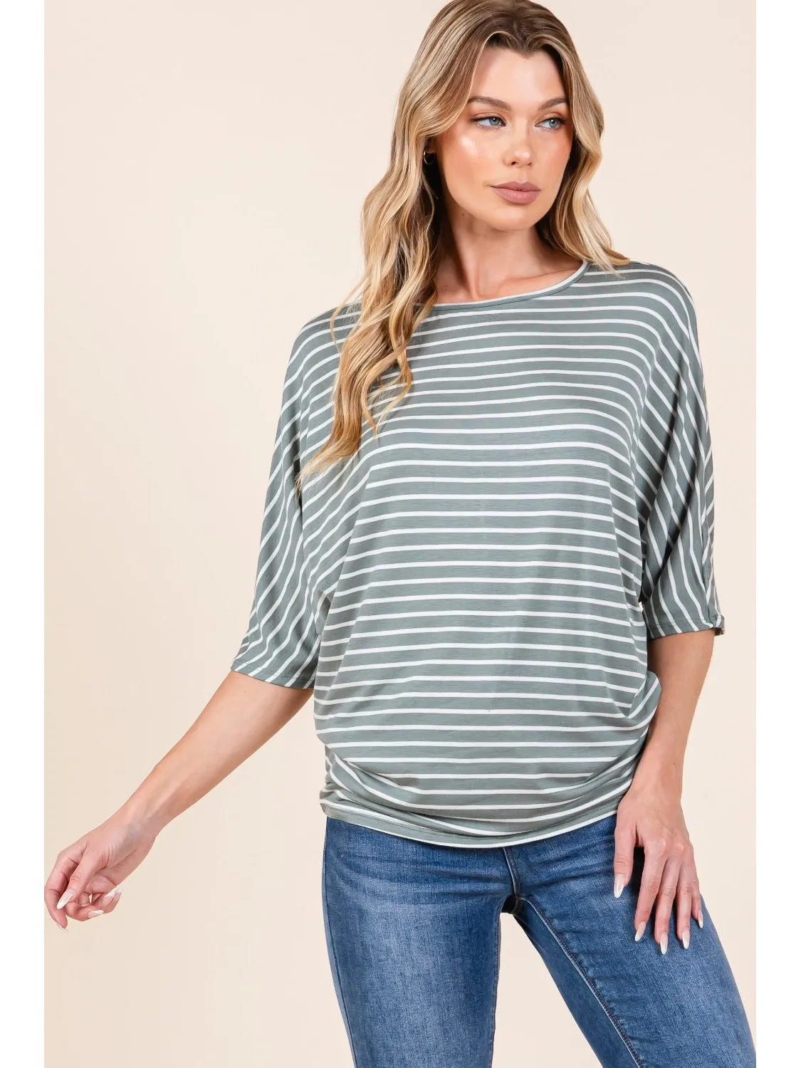 BOMBOM Striped Boat Neck Dolman Sleeve Top