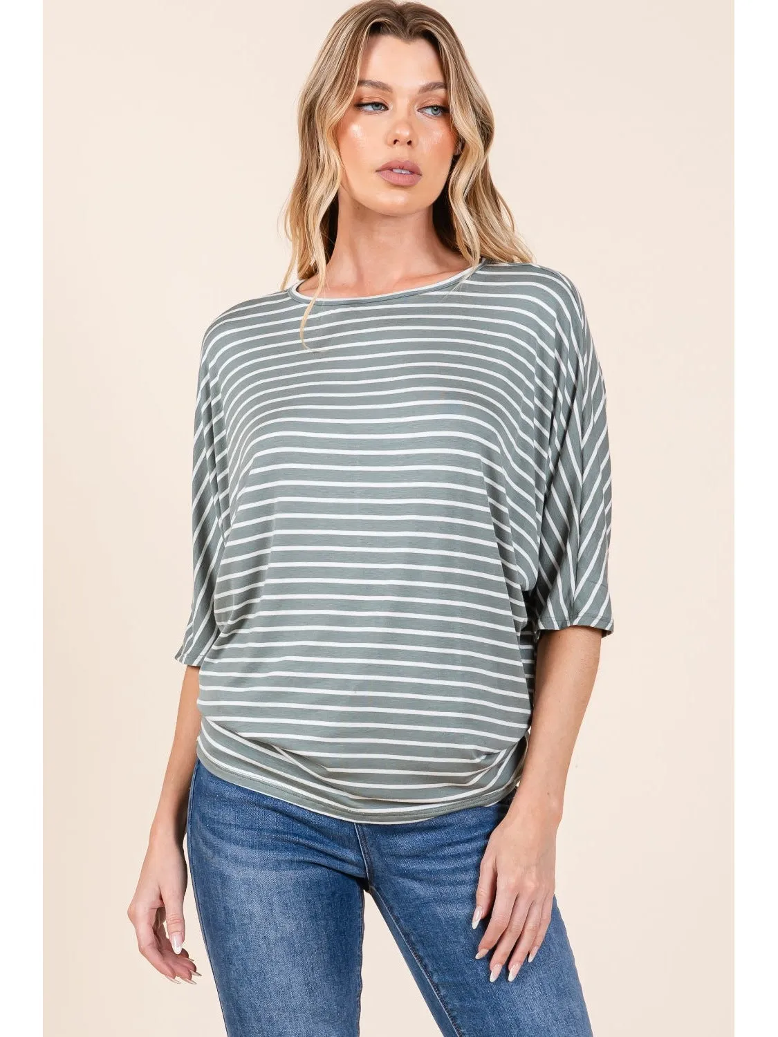 BOMBOM Striped Boat Neck Dolman Sleeve Top