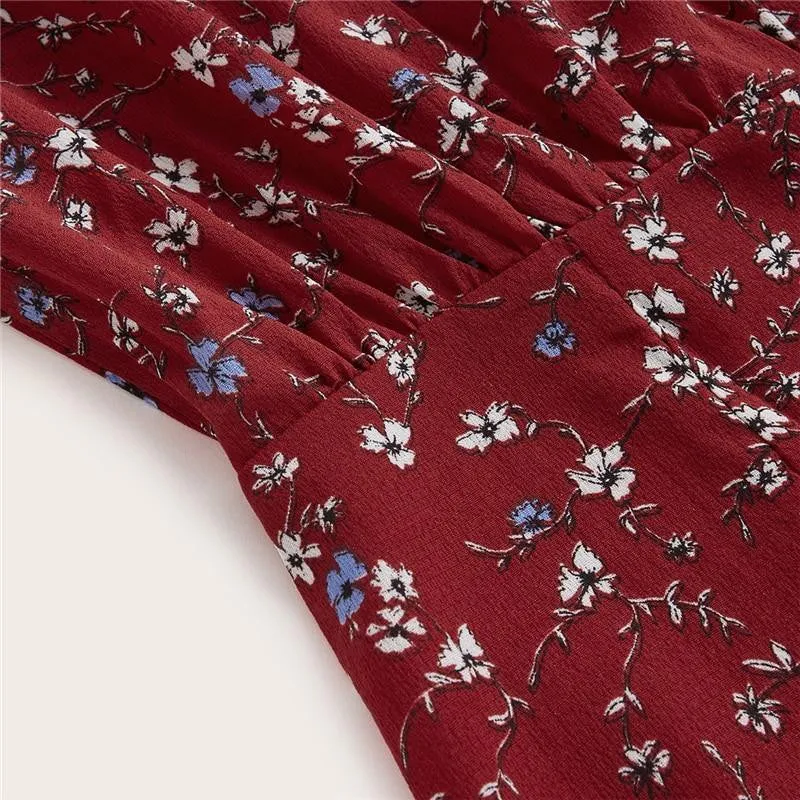 Burgundy V Neck Floral Print Dress