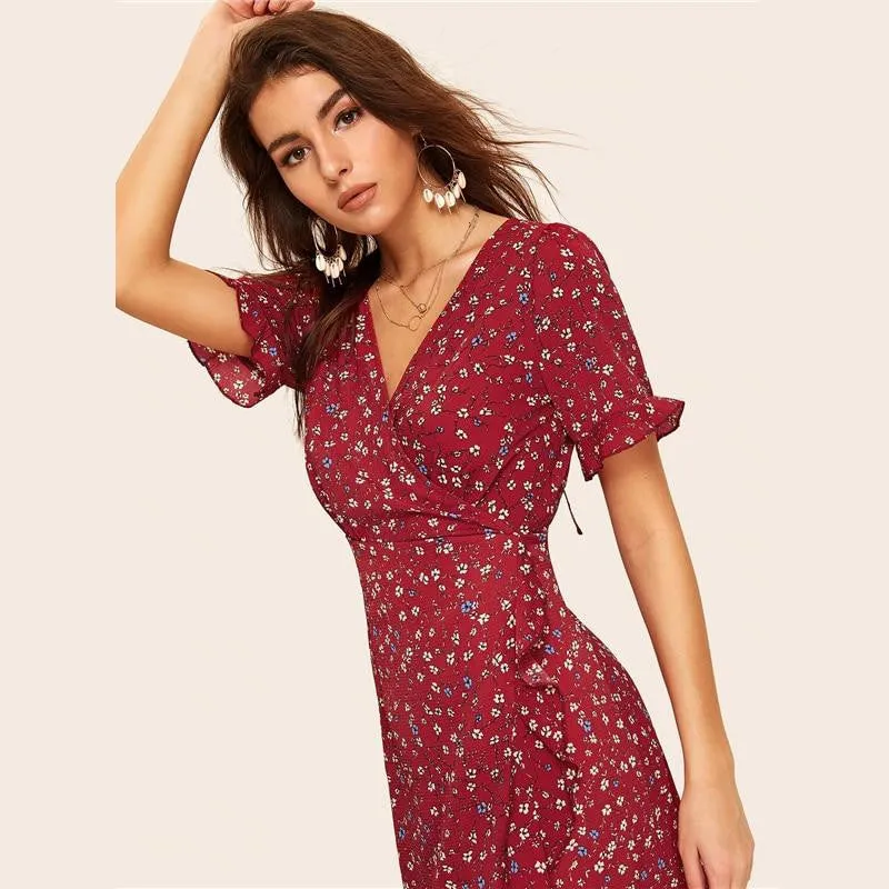 Burgundy V Neck Floral Print Dress