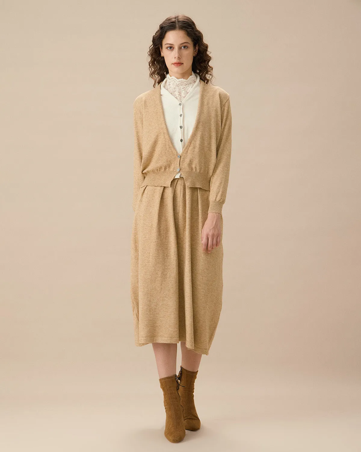 Camel V Neck Cardigan Skirt Set