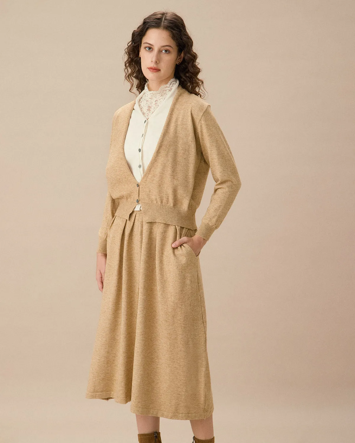 Camel V Neck Cardigan Skirt Set