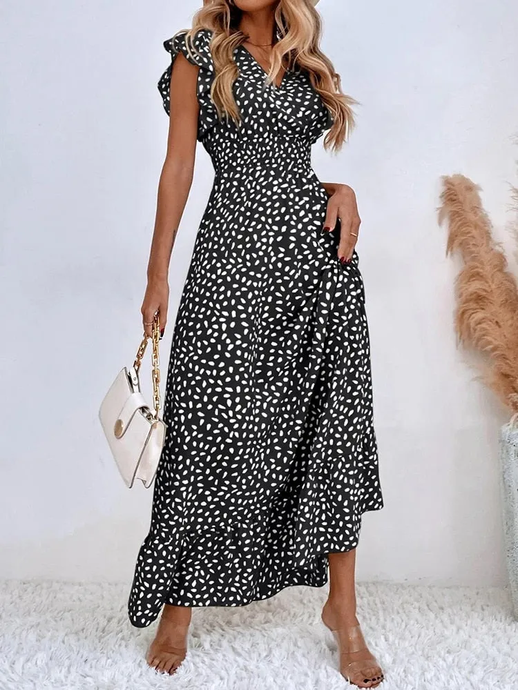 Casual Polka Dot Dress Women Summer V Neck Sleeveless High Waist A-line Long Dresses Boho Beach Sundress Chiffon Dress Vestidos