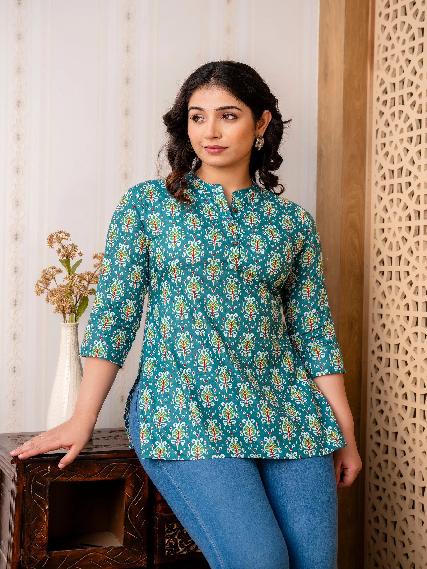 Charming Green Pure Cotton Straight Short Kurti or Top