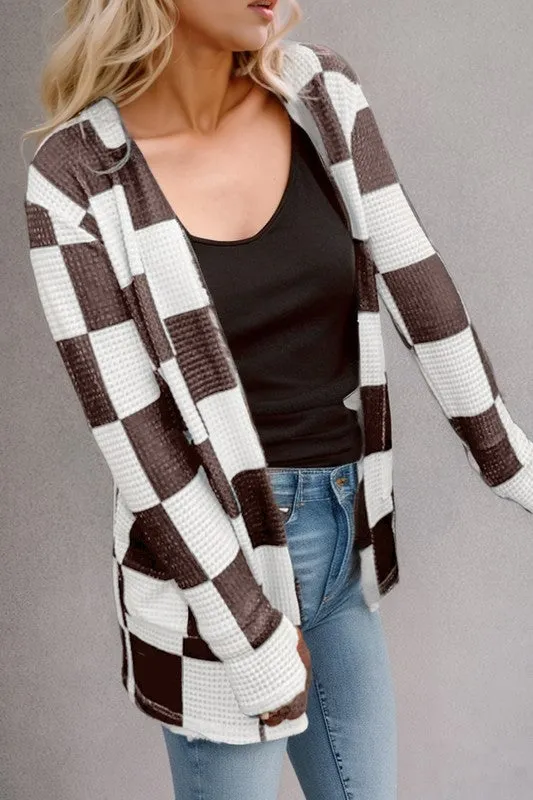 Checkered Waffle Knit Thumbhole Open Cardigan