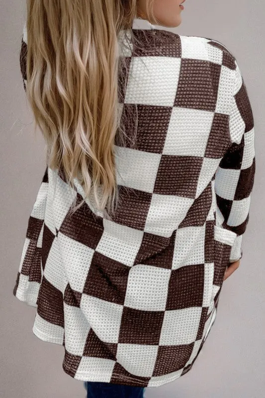 Checkered Waffle Knit Thumbhole Open Cardigan