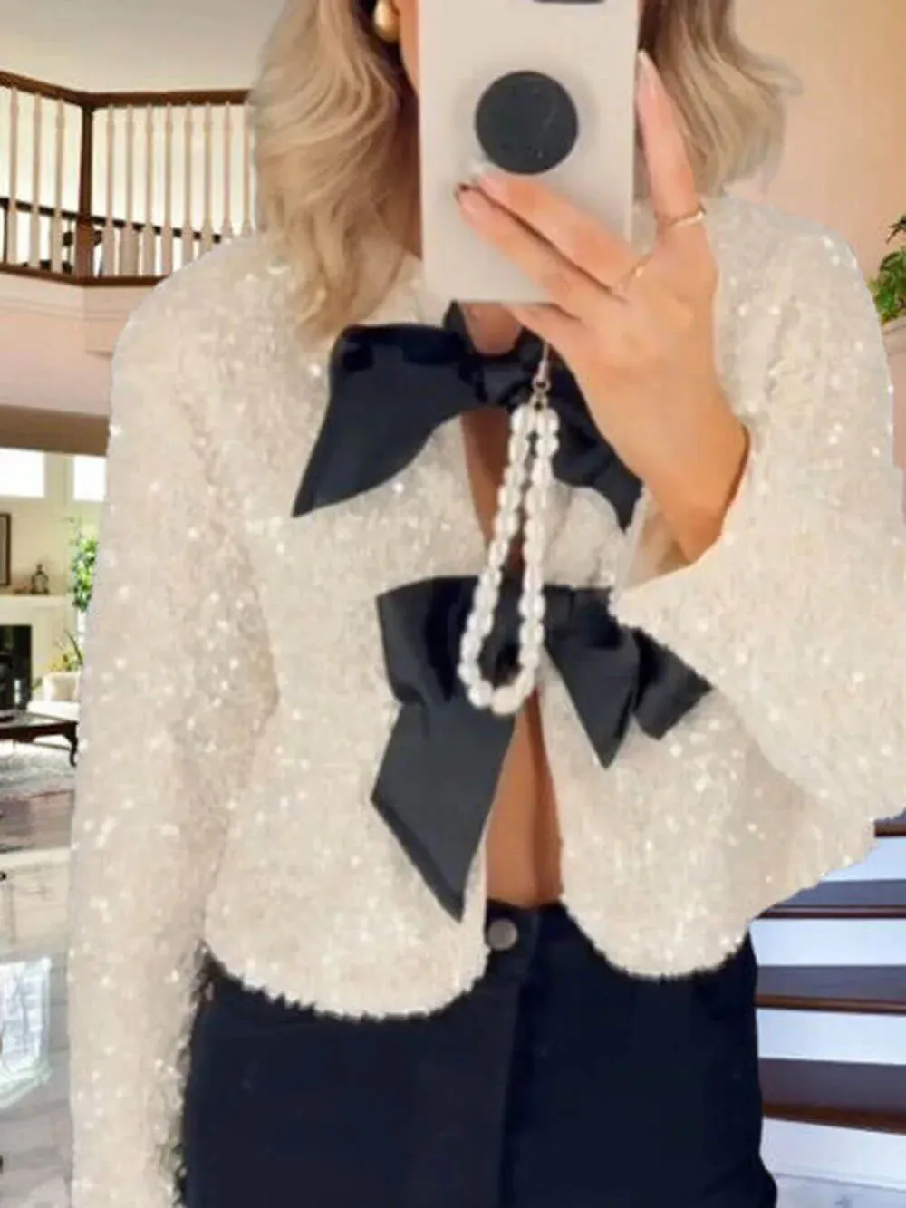 Classic Sequin Jackets Bow Coats Sparkling Holiday Party Cropped Top