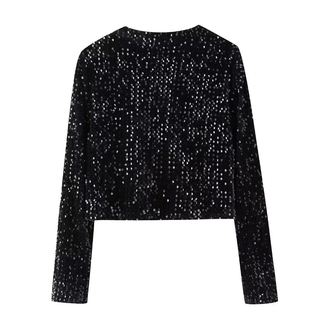 Classic Sequin Jackets Bow Coats Sparkling Holiday Party Cropped Top