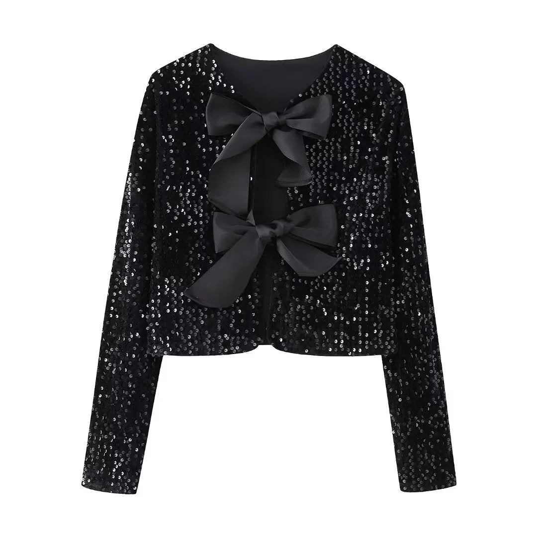 Classic Sequin Jackets Bow Coats Sparkling Holiday Party Cropped Top