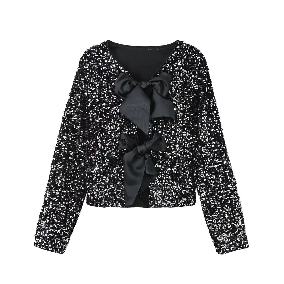 Classic Sequin Jackets Bow Coats Sparkling Holiday Party Cropped Top