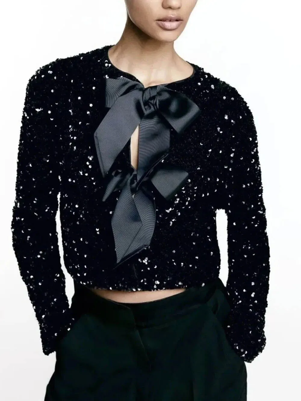 Classic Sequin Jackets Bow Coats Sparkling Holiday Party Cropped Top