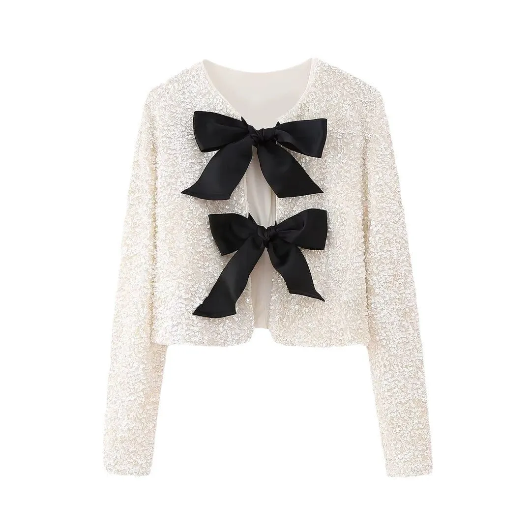 Classic Sequin Jackets Bow Coats Sparkling Holiday Party Cropped Top