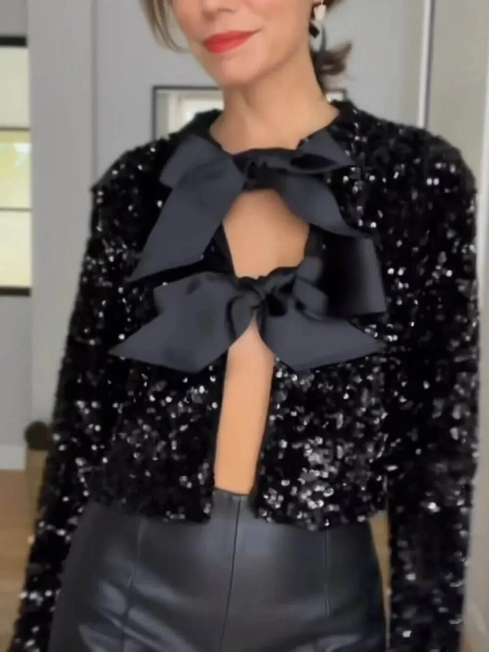 Classic Sequin Jackets Bow Coats Sparkling Holiday Party Cropped Top