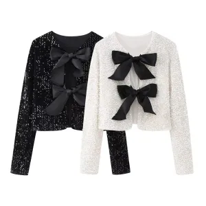 Classic Sequin Jackets Bow Coats Sparkling Holiday Party Cropped Top