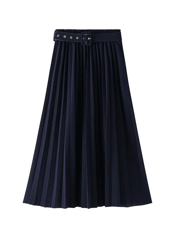 Elastic Waist Long Versatile Pleated Skirt