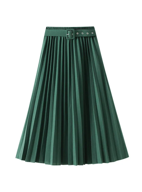 Elastic Waist Long Versatile Pleated Skirt