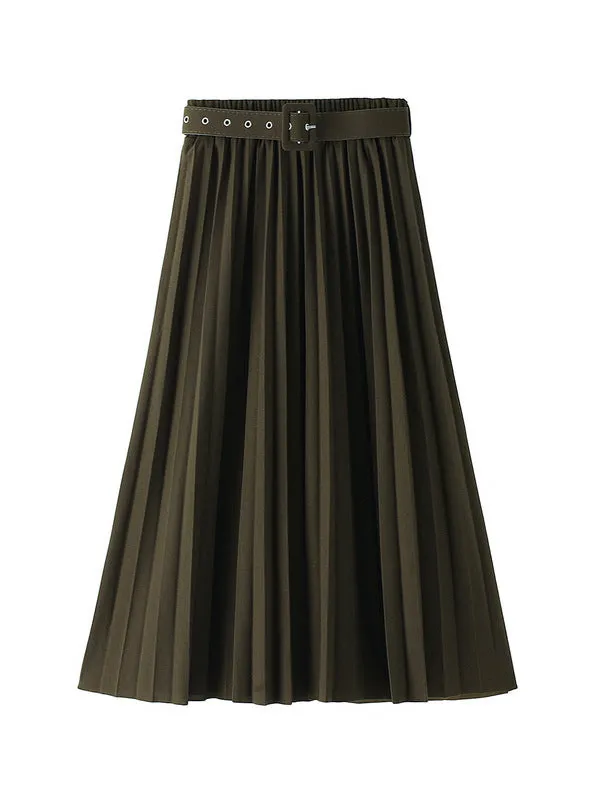 Elastic Waist Long Versatile Pleated Skirt