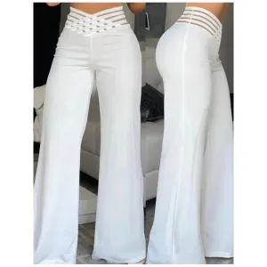 Elegant High Waist Flared Women Pants with Sheer Mesh Patch