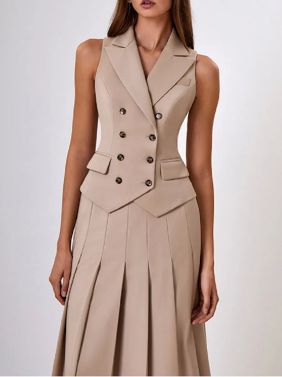 Elegant Sleeveless Vest Pleated Long Skirt Two-Piece Suit