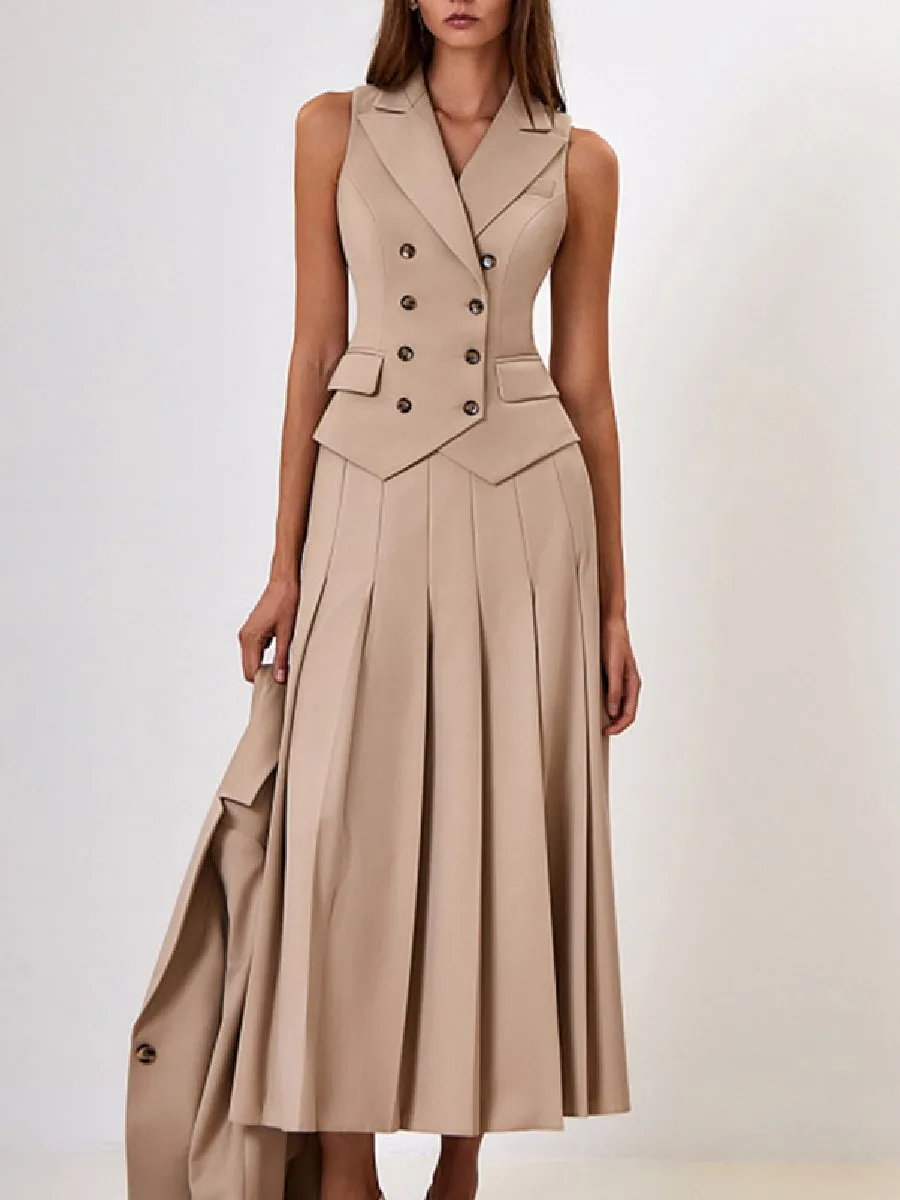 Elegant Sleeveless Vest Pleated Long Skirt Two-Piece Suit