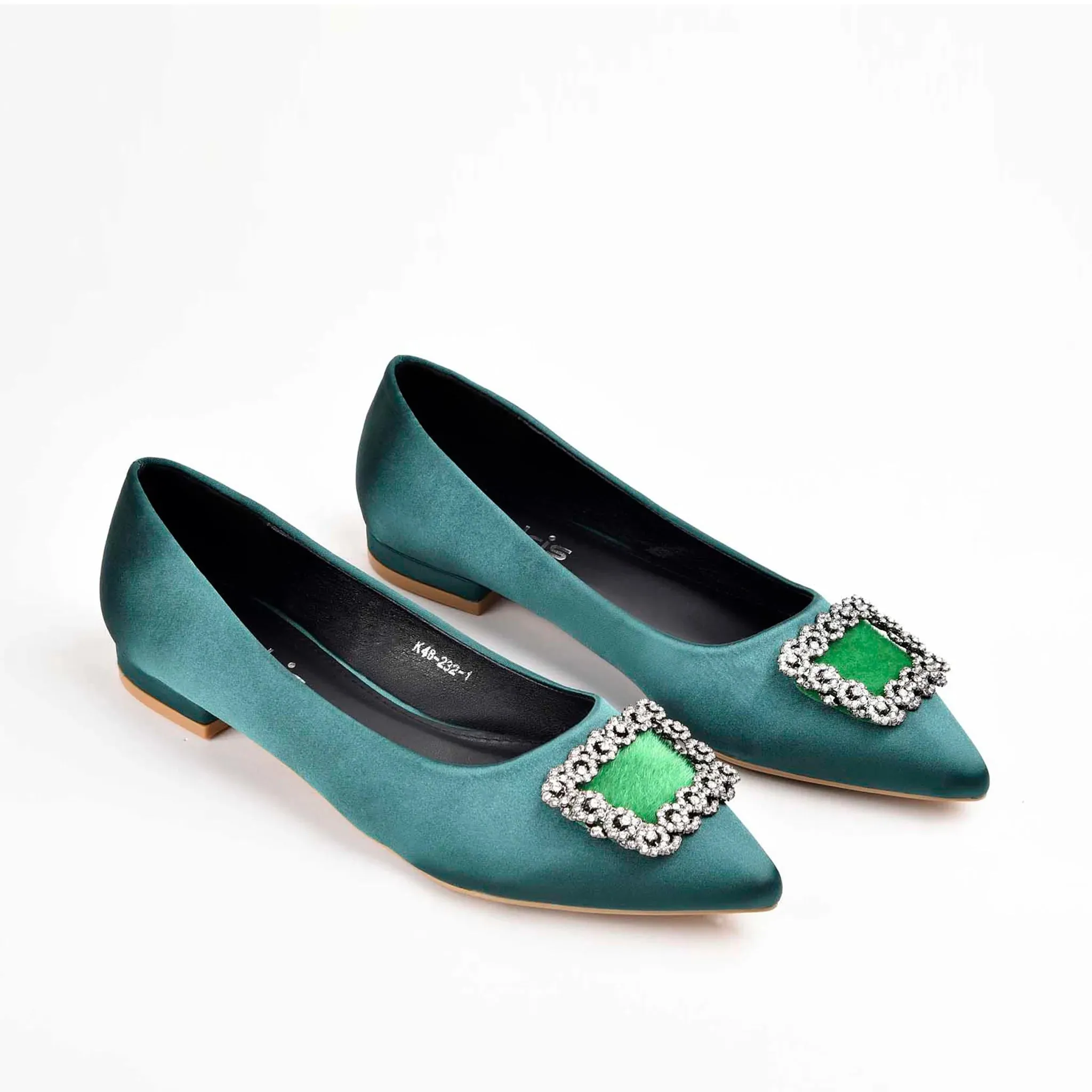 Elegant Teal Satin Flats with Crystal Embellishment | 469M-K