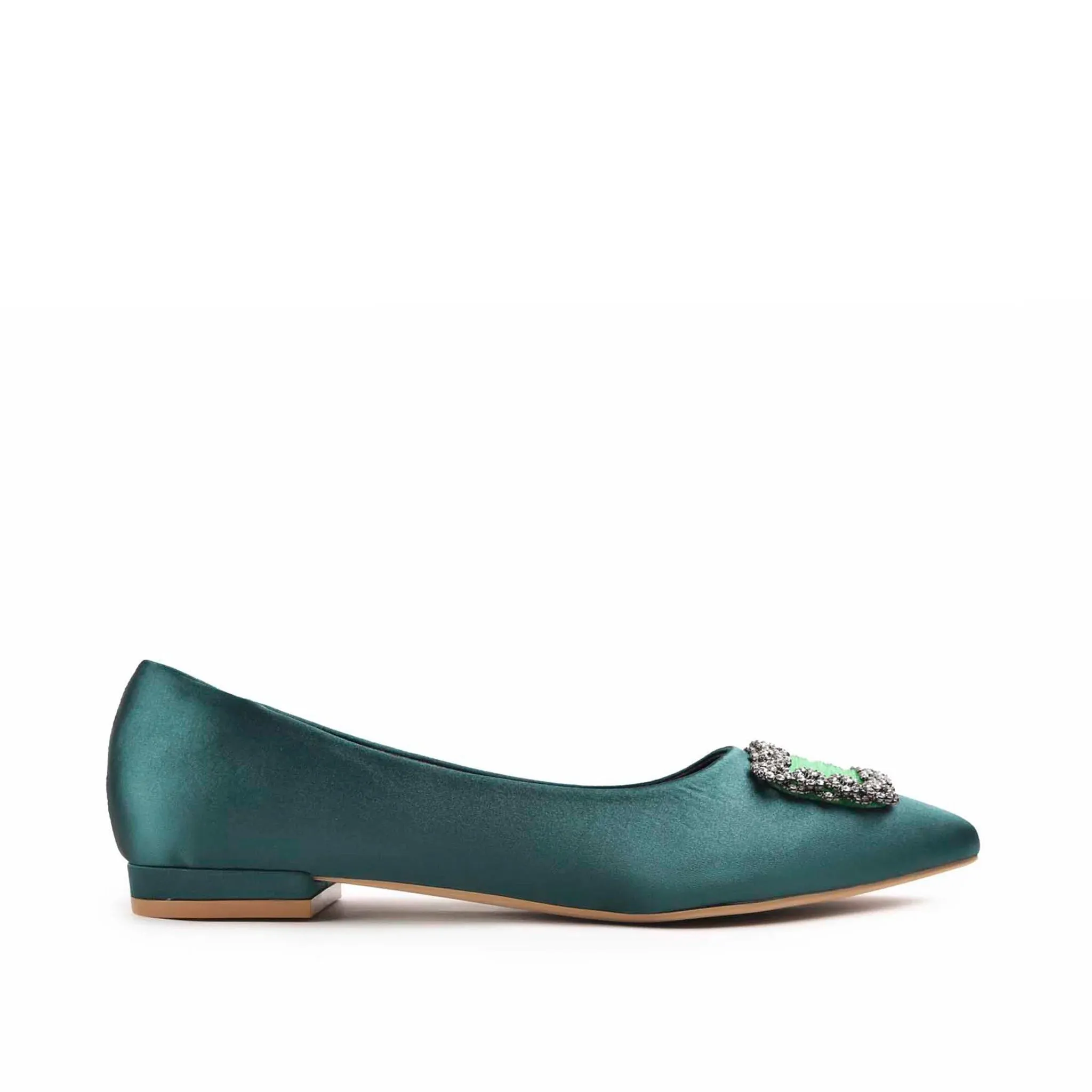 Elegant Teal Satin Flats with Crystal Embellishment | 469M-K